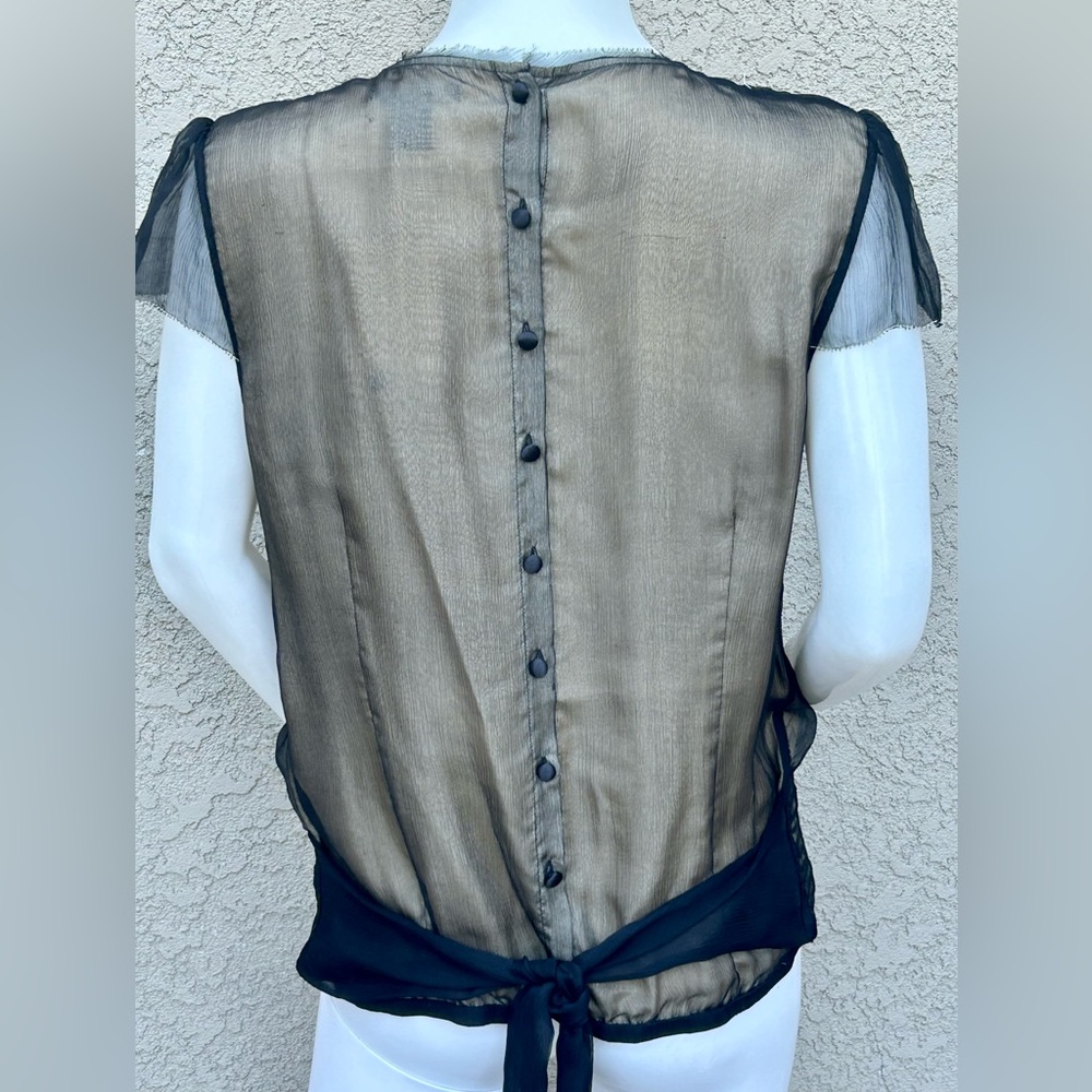 Saja Layered Silk Blouse Black Over Beige Buttons Up Back sz XL - Picture 4 of 9